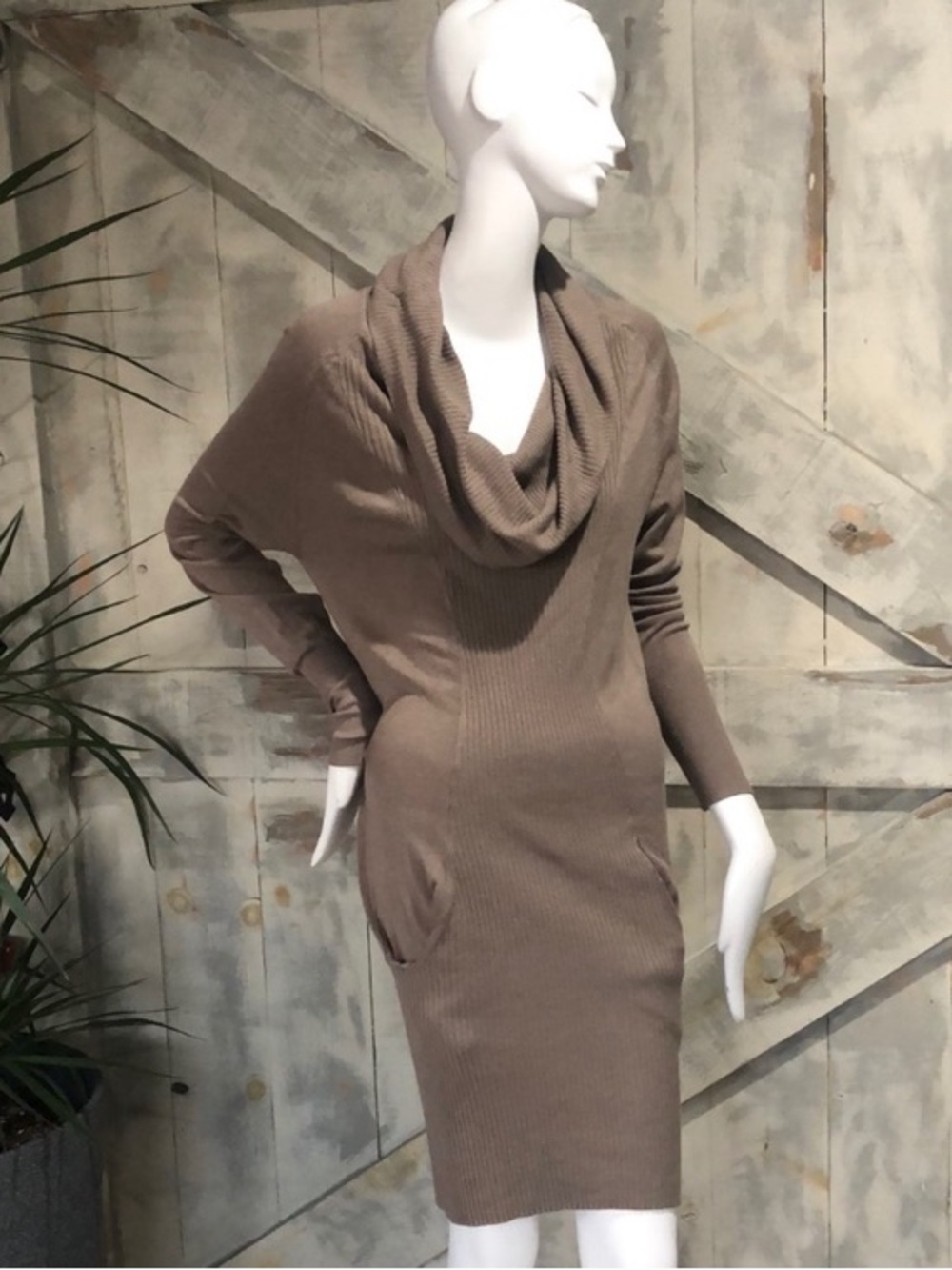 Cowl Neck Ribbed Sweater Dress in Taupe